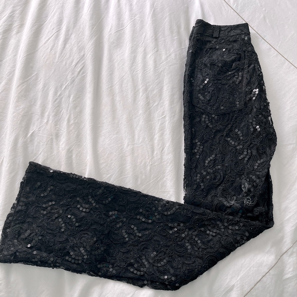 Black lace and sequined 5 pocket flair pant
